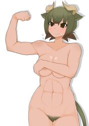  &gt;:) 1girl abs animal_ears areola_slip arm_up aurochs_(kemono_friends) blush breasts breasts_squeezed_together brown_eyes brown_hair closed_mouth colored_pubic_hair covering_breasts covering_privates cow_ears cow_girl cow_horns cow_tail cowboy_shot empty_eyes female_pubic_hair flexing flustered flying_sweatdrops green_hair green_pubic_hair grey_background groin highres horizontal_pupils horns illu_(illu_stratos) kemono_friends kemono_friends_3 looking_at_viewer multicolored_hair navel nude pubic_hair short_hair simple_background smile solo stomach tail tan toned toned_female two-tone_hair v-shaped_eyebrows 