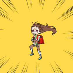  1boy androgynous backpack bag bodysuit brown_hair chibi covered_navel emphasis_lines floating_hair flute full_body holding holding_flute holding_instrument instrument jumping kyoufuu_all_back_(vocaloid) leotard long_hair looking_ahead multicolored_leotard parody pink_eyes randoseru recorder simple_background solo sweat taimanin_(series) taimanin_rpgx taimanun trap uehara_shikanosuke wide_hips yellow_background 