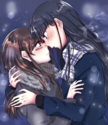  2girls black_hair blue_coat blue_eyes blush brown_hair closed_mouth coat commentary_request grey_coat hand_on_another&#039;s_shoulder long_hair multiple_girls original outdoors parted_lips purple_eyes rococomm123 scarf white_scarf winter_clothes yuri 