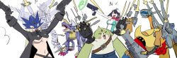  2girls absurdres aiming_up announcement_celebration arms_up beelstarmon black_coat black_hair blonde_hair breasts cannondramon closed_eyes coat cyborg digimon digimon_(creature) digimon_story:_time_stranger firing galgomon goggles goggles_on_head gun gundramon handgun highres holding holding_gun holding_weapon horns kakudrawmon large_breasts long_hair mechanical_wings medium_hair metalgarurumon multiple_girls non-humanoid_robot revolmon revolver robot robot_dragon sharp_teeth shoulder_cannon simple_background single_horn teeth third_eye underboob weapon weapon_connection white_background wings wolf yuuki_kanan yuuki_kanan 