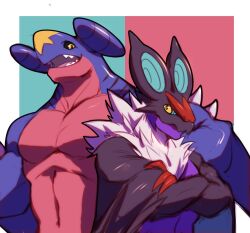  2boys abs animal_ears bara bat_boy bat_ears bat_wings claws closed_mouth fangs furry furry_male garchomp gen_4_pokemon gen_6_pokemon hand_wings looking_at_viewer male_focus multiple_boys muscular muscular_male nintendo noivern open_mouth orzero_(orzero_husky) pectorals pokemon pokemon_(creature) shark_boy smile topless_male wings 