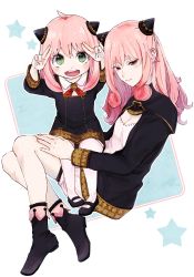  2girls absurdres anya_(spy_x_family) ashe_(rengoku_no_ashe) black_capelet black_dress black_footwear blush boots breasts capelet child cleavage closed_mouth collared_shirt creator_connection curly_hair dress eyelashes full_body green_eyes hair_between_eyes hair_ornament hand_gesture highres horn_ornament horns lips long_hair look-alike looking_at_viewer mary_janes medium_hair multiple_girls neck_ribbon open_mouth pink_eyes pink_hair rengoku_no_ashe ribbon shirt shoes simple_background sitting sitting_on_lap sitting_on_person small_breasts smile socks spy_x_family star_(symbol) toukaairab trait_connection white_background white_shirt  rating:General score:16 user:GAnonymous