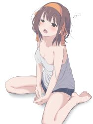  1girl absurdres barefoot black_shorts blush breasts brown_eyes brown_hair camisole cleavage collarbone commentary_request feet hair_ribbon hairband half-closed_eye highres medium_breasts medium_hair open_mouth orange_ribbon rai_iceblast ribbon short_shorts shorts simple_background sitting solo spaghetti_strap squeans suzumiya_haruhi suzumiya_haruhi_no_yuuutsu toes white_background white_camisole yellow_hairband yellow_ribbon 