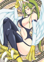  1girl animal_feet animal_hands bare_shoulders black_thighhighs blush breasts circlet claws commentary_request duel_monster feathered_wings feathers garter_straps greek_text green_hair harpie_queen harpy highres kairaku_namakikurage large_breasts long_hair monster_girl pointy_ears ponytail red_hair revealing_clothes sideboob smile solo talons thighhighs underboob very_long_hair white_feathers white_wings winged_arms wings yu-gi-oh! 