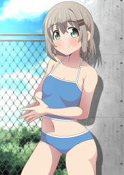  1girl bare_shoulders bikini blue_bikini breasts chain-link_fence closed_mouth cloud collarbone day dot_nose feet_out_of_frame female_focus fence green_eyes grey_hair hair_ornament hairclip legs naruse_mai navel outdoors own_hands_together short_hair sky small_breasts smile solo standing swimsuit yama_no_susume yukimura_aoi 
