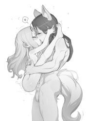  1boy 1girl absurdres animal_ears barefoot blush boku_no_hero_academia commission completely_nude eri_(boku_no_hero_academia) feet from_side greyscale heart hetero highres kiss lifting_person loli long_hair monochrome nipples nude original penis pixiv_commission rodecchi sex simple_background size_difference spoken_heart suspended_congress tail testicles uncensored white_background 
