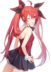 1girl ahoge alternate_costume black_bow black_bowtie black_ribbon black_skirt blush bow bowtie breasts casual commentary cowboy_shot date_a_live eyelashes frilled_skirt frills from_behind hair_between_eyes hair_over_shoulder hair_ribbon hand_on_own_hip highres itsuka_kotori long_hair looking_at_viewer looking_back miniskirt one_eye_closed open_mouth pleated_skirt red_eyes red_hair red_vest ribbon simple_background skirt small_breasts solo standing twintails very_long_hair vest white_background white_wrist_cuffs wrist_cuffs yunweishukuang rating:General score:20 user:danbooru