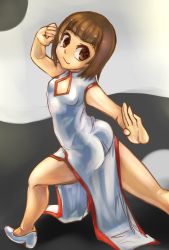  1girl ass breasts brown_eyes brown_hair challengia china_dress chinese_clothes dark_skin dark-skinned_female dress female_focus highres keychan nchans short_hair sleeveless sleeveless_dress small_breasts solo suzumushi white_dress yin_yang 