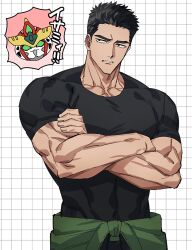  1boy alternate_muscle_size ao_isami bara black_hair black_shirt bravern chibi chibi_inset commentary_request crossed_arms domo_(domo_kizusuki) grid_background highres male_focus muscular muscular_male parted_lips shirt short_hair tight_clothes tight_shirt yuuki_bakuhatsu_bang_bravern 