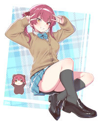  2girls a-ka animal_costume bear_costume black_socks blue_skirt brown_cardigan cardigan chibi double_v heterochromia highres hololive houshou_kumarine houshou_marine long_hair miniskirt multiple_girls pleated_skirt red_eyes red_hair shirt simple_background skirt socks twintails v virtual_youtuber white_shirt yellow_eyes 