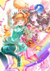  2girls :d absurdres aqua_ribbon aqua_shorts aqua_thighhighs aqua_vest balloon blunt_bangs brown_hair cardcaptor_sakura character_balloon daidouji_tomoyo dress drill_hair floating_hair green_eyes hair_ribbon highres holding holding_balloon holding_hands kero_(cardcaptor_sakura) kinomoto_sakura long_hair long_sleeves mary_janes miniskirt multiple_girls open_mouth pink_dress pleated_skirt purple_eyes ribbon shirt shoes short_hair shorts shorts_under_skirt skirt smile striped_clothes striped_shirt sweatdrop thighhighs twin_drills vertical-striped_clothes vertical-striped_shirt vertical-striped_sleeves very_long_hair white_shirt white_skirt yukmomo 