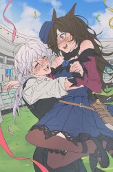  2girls :d animal_ears black_pants black_shoes black_vest blue_dress blue_flower blue_rose blue_sky blush brown_hair brown_thighhighs carrying carrying_person commentary_request commission confetti crepe_commission dagger dress female_trainer_(umamusume) flipped_hair flower grass hair_over_one_eye happy happy_tears highres horse_ears horse_girl horse_tail knife korean_commentary long_hair long_sleeves misaki_kanon_(ssalssisgi) multiple_girls oc_x_canon off-shoulder_dress off_shoulder open_mouth original outdoors pants pink_eyes rice_shower_(umamusume) rose scabbard second-party_source sheath shirt shoes sky smile strapless strapless_dress tail tears teeth thighhighs tilted_headwear trainer_(umamusume) tteusindol umamusume v-shaped_eyebrows vest weapon white_hair white_shirt 