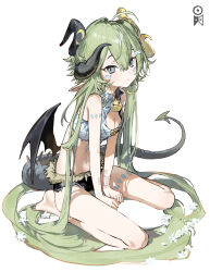 1girl absurdly_long_hair absurdres bare_arms bare_legs bare_shoulders barefoot black_horns black_shorts breasts cleavage cleavage_cutout closed_mouth clothing_cutout commentary crop_top double-parted_bangs full_body green_eyes green_hair hair_between_eyes highres horns long_hair looking_at_viewer medium_breasts navel original seeshin_see sharp_tail short_shorts shorts simple_background single_wing sitting sleeveless solo symbol-only_commentary very_long_hair white_background wings 