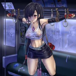 1girl after_rape aftersex bdsm black_skirt blouse bondage bound bound_wrists breasts condom condom_wrapper covered_erect_nipples cum cumdrip elbow_gloves elbow_pads empty_eyes final_fantasy final_fantasy_vii fingerless_gloves forced forced_orgasm gloves highres implied_vibrator large_breasts long_hair low-tied_long_hair midriff miniskirt monikano multiple_condoms nipple_stimulation nipples outstretched_arms pencil_skirt pussy_juice remote_control_vibrator restrained see-through_clothes sex_toy shirt skirt solo_focus spread_arms subway suspender_skirt suspenders suspension sweat tank_top taut_clothes taut_shirt tifa_lockhart used_condom vibrator vibrator_on_nipple vibrator_under_clothes white_shirt rating:Explicit score:200 user:danbooru