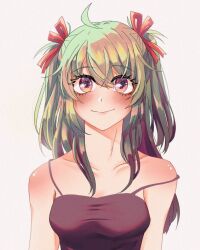  1girl ahoge bare_shoulders blush camisole collarbone colored_inner_hair d.gray-man eyelashes green_hair grey_background hair_between_eyes hair_over_shoulder hair_ribbon highres lenalee_lee long_hair looking_at_viewer multicolored_eyes multicolored_hair pink_eyes purple_camisole purple_eyes purple_hair red_ribbon ribbon sidelocks simple_background smile solo sparkling_eyes strap_slip two-tone_eyes two_side_up xbloolii 