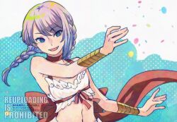  1girl back_bow bikini blue_background blue_eyes bow bracer braid breasts commentary_request confetti feather_trim grey_hair large_bow long_hair looking_at_viewer open_mouth ragnarok_online red_bow small_breasts smile solo swimsuit twin_braids umaruzo upper_body wanderer_(ragnarok_online) white_background white_bikini 