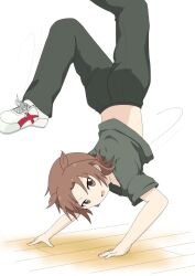  1girl ass brown_eyes brown_hair dancing gobanme_no_mayoi_neko handstand highres iizuka_yuzu looking_at_viewer open_mouth pants sakura_trick scorpion_pose shirt shoes short_sleeves smile sneakers 