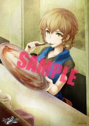  amane_suzuha amane_suzuha_(beta) belt belt_buckle blue_vest braid breasts brown_hair buckle eating green_shirt grey_pants hair_rings holding holding_plate hood hooded_vest hoodie huke looking_at_viewer medium_breasts official_art pants plate sample_watermark science_adventure shirt steins;gate steins;gate_0 t-shirt twin_braids twintails vest watermark yellow_eyes 