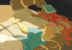  2boys arm_around_shoulder arm_up beard black_nails blonde_hair blue_shirt book book_on_head bracelet champion&#039;s_tunic_(zelda) closed_mouth commentary covered_eyes crew_neck dark-skinned_male dark_skin earrings facial_hair ganondorf gerudo hand_on_another&#039;s_chest highres jewelry link long_hair lying male_focus multiple_boys nintendo object_on_head on_back on_side pants piercing pointy_ears red_hair shirt short_sleeves sleeping symbol-only_commentary the_legend_of_zelda the_legend_of_zelda:_tears_of_the_kingdom tsunamio7 upper_body very_long_hair white_pants white_shirt window_shadow yaoi 