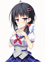  1girl black_hair blue_skirt blush kisu_shiina medium_hair purple_eyes school_uniform shirt skirt source_request suki_to_suki_to_de_sankaku_renai visual_novel white_shirt 