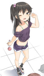 1girl :d ;d adachi_tenka arched_back arm_up bad_id bad_pixiv_id bare_legs bare_shoulders black_socks blush breasts brown_eyes brown_hair child collarbone dot_nose female_focus from_above full_body hair_between_eyes hair_bobbles hair_ornament holding holding_microphone long_hair lower_teeth_only microphone midriff multiple_girls navel noria off-shoulder_shirt off_shoulder one_eye_closed one_side_up open_mouth partially_unzipped perspective purple_shirt purple_shorts sayama_chie shirt shoes short_shorts short_sleeves shorts shoujo_ramune small_breasts smile socks solo_focus spaghetti_strap standing standing_on_one_leg strapless teeth tsurime tube_top uwabaki v v_over_eye very_long_hair white_footwear wink rating:Sensitive score:176 user:danbooru