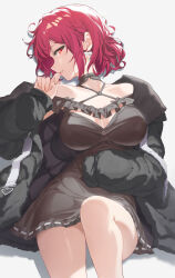  1girl black_choker black_coat black_dress bow bow_earrings breasts choker coat dead_ma&#039;am&#039;s_chest_(houshou_marine) dress earrings hand_up highres hololive houshou_marine jewelry large_breasts looking_at_viewer lying on_back parted_lips red_eyes red_hair reulem short_hair simple_background single_bare_shoulder solo virtual_youtuber 