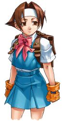  1girl absurdres arm_warmers backpack bag bow brown_eyes clenched_hands cropped_legs edaki_shin&#039;ya game_cg headband highres justice_gakuen looking_to_the_side moero!_justice_gakuen non-web_source official_art pink_bow school_uniform short_hair simple_background skirt solo standing wakaba_hinata white_background white_headband 