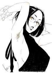  1girl armpit_hair arms_up breasts glasses highres kyo_(kuroichigo) looking_at_viewer open_mouth original scrunchie sideboob solo spot_color turtleneck upper_body white_background wrist_scrunchie 