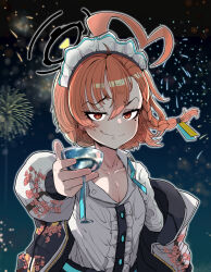  1girl absurdres aerial_fireworks ahoge blue_archive braid bubble99 center_frills closed_mouth cocktail_glass collarbone commentary_request cup cupping_glass drinking_glass fireworks frills hair_between_eyes halo highres huge_ahoge jacket korean_commentary looking_at_viewer maid_headdress neru_(blue_archive) night night_sky orange_hair red_eyes shirt short_hair side_braid single_braid sky smile smirk solo sukajan tsurime upper_body white_shirt 