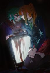  1boy 1girl aqua_eyes aqua_hair bags_under_eyes black_background blood blood_on_clothes blood_on_face blood_on_hands blue_jacket braid brown_shirt checkered_necktie chidouin_sara choker closed_mouth collared_shirt crossed_arms crt empty_eyes forehead-to-forehead green_necktie hair_over_shoulder hands_on_lap heads_together high_ponytail highres hiyori_sou jacket kimi_ga_shine light_frown long_hair long_sleeves looking_at_another monitor necktie open_mouth orange_hair own_hands_clasped own_hands_together parted_bangs pink_skirt pleated_skirt ponytail purple_eyes purple_thighhighs red_scarf scarf school_uniform screen_light seiza shirt short_hair side_part single_sidelock sitting skirt straight_hair thighhighs white_shirt yellowmao0509 zettai_ryouiki 