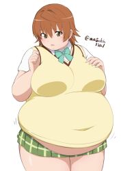1girl absurdres blush bow bowtie breasts brown_eyes brown_hair covered_navel fat fat_woman genderswap genderswap_(mtf) green_skirt hand_on_own_chest highres huge_breasts masakin midriff_peek obese open_mouth plaid_clothes plaid_skirt school_uniform shirt short_hair skirt solo standing sweater_vest to_love-ru twitter_username white_background white_shirt yuuki_rito yuusaki_riko