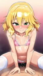  1boy 1girl animated blinking blonde_hair blush bra clothed_female_nude_male clothing_aside collarbone cowgirl_position dark_penis flat_chest girl_on_top gradient_background green_eyes hadacra hetero idolmaster idolmaster_cinderella_girls lace lace-trimmed_bra lace-trimmed_panties lace_trim lingerie loli looking_at_viewer medium_hair navel nude panties panties_aside penis pink_bra pink_panties pov pov_crotch pussy_juice sakurai_momoka sex sidelocks simple_background smile solo_focus steam straddling sweat tagme thighhighs uncensored underwear vaginal video white_thighhighs 