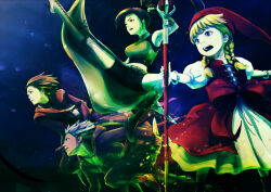  2boys 2girls asymmetrical_bangs bead_necklace beads bike_shorts black_shorts blonde_hair blue_background blue_hair blunt_bangs boots bow braid bustier camus_(dq11) commentary_request cross-laced_clothes cross-laced_dress dragon_quest dragon_quest_xi dress dress_bow earrings floating_clothes floating_hair gem gold_earrings green_boots green_bustier hat hero_(dq11) high_ponytail holding holding_staff holding_weapon hoop_earrings jewelry kicking low_twin_braids mage_staff martina_(dq11) multiple_boys multiple_girls necklace o-ring o-ring_top open_mouth ponytail popon_(user_eaem5325) profile puffy_short_sleeves puffy_sleeves purple_eyes purple_hair purple_tunic red_bow red_dress red_gemstone red_hat short_hair short_sleeves shorts spiked_hair staff tunic twin_braids veronica_(dq11) weapon white_dress 