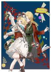  2girls :d belt blonde_hair blue_background book boots christmas christmas_tree coat dancing dress green_dress hair_between_eyes hair_ornament highres holding holding_hands jacket long_hair long_sleeves multiple_girls open_clothes open_mouth original plaid_clothes purple_eyes qyzhiaiyisheng red_coat ribbon shirt smile socks standing standing_on_one_leg white_dress 
