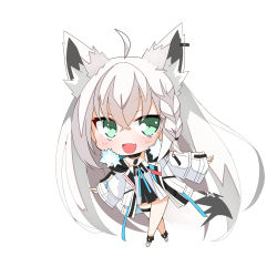  1girl animal_ears black_choker black_dress blush braid chibi choker commentary_request denden_taiko dog_tags dress earrings fang fox_ears fox_girl fox_tail fur-trimmed_jacket fur_trim green_eyes hair_between_eyes highres hololive jacket jewelry long_hair looking_at_viewer open_clothes open_jacket open_mouth shirakami_fubuki shirakami_fubuki_(fubukitek) shirt sidelocks simple_background single_braid skin_fang solo tail thigh_strap very_long_hair virtual_youtuber white_background white_hair white_jacket white_shirt 