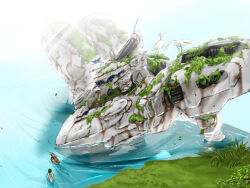  armored_core armored_core:_for_answer assault_visor battle_damage bird blue_visor duck duckling grass highres mecha mecha_focus nature no_humans partially_submerged plant_growth robot rust science_fiction water white_glint yokota_(bon&#039;yari) 