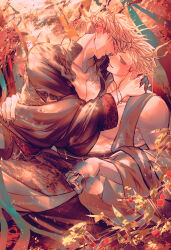  2boys absurdres black_nails bracelet brothers closed_eyes collarbone facing_another grey_eyes highres imminent_kiss incest jewelry male_focus millions_knives multiple_boys pectoral_cleavage pectorals siblings sitting trigun trigun_stampede twitter_username vash_the_stampede yakikesen yaoi 