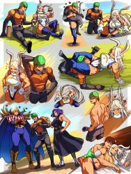  1boy 3girls absurdres american_flag american_flag_print amputee animal_ears bed between_legs blonde_hair boku_no_hero_academia breasts brown_hair burger cape cup dark-skinned_female dark_skin disposable_cup double_amputee eating flag_print food gloves goggles helmet highres holding holding_burger holding_food hug kiss lady_nagant leotard lifting_person long_eyelashes long_hair mirko multicolored_hair multiple_girls mumen_rider muscular one-punch_man parted_bangs purple_hair rabbit_ears rabbit_girl rabbit_tail short_hair sleeping sleeveless star_and_stripe_(boku_no_hero_academia) streaked_hair superhero_costume tail thick_thighs thighhighs thighs toned two-tone_hair undressing vlizz white_hair 