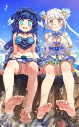  2girls :d absurdres aqua_eyes aqua_hair bare_arms bare_legs bare_shoulders barefoot blue_hair blunt_bangs blush bracer braid braided_sidelocks breasts brown_eyes center_opening coelacanth_(kemono_friends) collarbone commentary dress elbow_gloves feet fish_girl foot_focus from_below full_body gloves gradient_hair hair_ornament highres japari_symbol kemono_friends kemono_friends_3 long_hair medium_breasts melaton midriff multicolored_hair multiple_girls open_mouth panties pantyshot scales side_braids sitting skyfish_(kemono_friends) smile soles toe_scrunch toes twin_braids twintails underboob underwear very_long_hair white_dress white_gloves white_hair white_panties 
