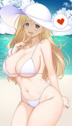  1girl beach bikini blonde_hair blue_eyes blue_sky bracelet breasts cleavage cloud commentary_request cowboy_shot curvy day finger_to_mouth hat hataraki_kuma heart highres horizon jewelry large_breasts navel ocean original outdoors sky solo spoken_heart sun_hat swimsuit thick_thighs thighs v white_bikini white_hat 