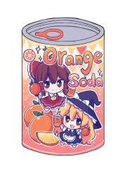  2girls apron ascot black_hat black_skirt black_vest blonde_hair bow braid brown_eyes brown_hair can character_print chibi closed_mouth commentary detached_sleeves drink_can food frilled_bow frilled_hair_tubes frills fruit hair_bow hair_tubes hakurei_reimu hat hat_bow highres kirisame_marisa long_hair multiple_girls open_mouth orange_(fruit) orange_slice red_bow red_skirt ribbon-trimmed_sleeves ribbon_trim side_braid silverrain simple_background single_braid skirt skirt_set smile soda_can touhou very_long_hair vest waist_apron white_background white_bow witch_hat yellow_ascot 