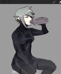  1girl alcohol art_program_in_frame between_legs black_bodysuit bodysuit bottle breasts closed_eyes commentary cowboy_shot decayedparasite drinking grey_background grey_hair hand_between_legs hand_up hashtag-only_commentary highres holding holding_bottle marie_(peripeteia) peripeteia short_hair sidelocks simple_background sitting sketch small_breasts solo three_quarter_view 