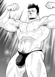  1boy abs armpit_hair armpits bara beard_stubble bikini_briefs boku_no_hero_academia bulge commentary_request commission double_biceps_pose endeavor_(boku_no_hero_academia) facial_hair flexing greyscale highres male_focus male_underwear monochrome muscular muscular_male mustache_stubble navel navel_hair nipples p_(pppppppppq) pectorals scar scar_on_face short_hair skeb_commission solo sparse_chest_hair stubble thighs topless_male underwear underwear_only variant_set veins veiny_arms 