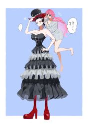  2girls black_eyes black_hair blue_background border breasts cleavage cosplay floating gothic_lolita hat highres large_breasts lolita_fashion long_hair multiple_girls ngo_flamingo nico_robin one_piece open_mouth perona perona_(cosplay) pink_hair short_hair simple_background size_difference smile sweatdrop tagme top_hat white_border yellow_eyes 
