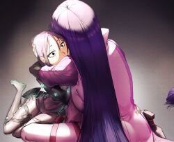  2girls bodysuit crying crying_with_eyes_open dual_persona fate/grand_order fate/samurai_remnant fate_(series) hair_between_eyes high_heels highres hiyayaako hug long_hair minamoto_no_raikou_(fate) multiple_girls neon_trim purple_hair short_hair simple_background single_tear tears ushi_gozen_(avenger)_(fate) ushi_gozen_(fate) 