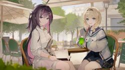  2girls :d absurdres aqua_eyes ascot azki_(4th_costume)_(hololive) azki_(hololive) black_hairband blonde_hair blue_neckerchief blue_sailor_collar blue_skirt blurry blurry_foreground book bracelet braid brown_coat cardigan cine_(wazd0183) closed_mouth coat collared_dress commentary day double-parted_bangs dress english_commentary grey_cardigan hair_between_eyes hair_intakes hair_ornament hair_over_shoulder hairband hairclip half-coat half_up_half_down_braid highres holding holding_book holding_straw hololive jewelry kazama_iroha kazama_iroha_(school_uniform) long_hair looking_at_viewer low_twin_braids medium_hair miniskirt mole mole_under_eye multicolored_hair multiple_girls neckerchief official_alternate_costume official_alternate_hairstyle open_mouth outdoors pink_hair pleated_skirt pom_pom_(clothes) sailor_collar school_uniform shirt sidelocks sitting skirt smile streaked_hair teeth three-quarter_sleeves tree twin_braids upper_teeth_only very_long_hair virtual_youtuber white_ascot white_dress white_hair white_shirt 