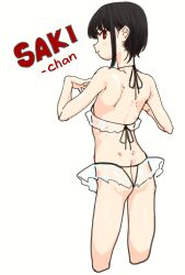  1girl absurdres ass back bare_arms bare_shoulders bikini bikini_skirt black_hair bright_pupils butt_crack character_name closed_mouth cowboy_shot cropped_legs dimples_of_venus flat_ass flat_chest frilled_bikini frills from_behind halterneck hands_up highres looking_at_viewer looking_back mattsuu original profile red_eyes revealing_clothes see-through_clothes short_hair short_hair_with_long_locks shoulder_blades sidelocks simple_background sketch solo standing swimsuit transparent_bikini white_background white_bikini white_pupils  rating:Sensitive score:23 user:maimaimai