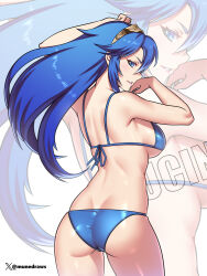  1girl alternate_costume arm_up ass back bare_back bikini blue_bikini blue_eyes blue_hair blush breasts commentary earrings english_commentary etchimune fire_emblem fire_emblem_awakening from_behind hair_between_eyes jewelry long_hair looking_at_viewer looking_back lucina_(fire_emblem) medium_breasts nintendo simple_background smile solo swimsuit thighs tiara twitter_username underboob zoom_layer 