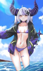  1girl absurdres bikini blue_sky body_writing breasts choker cloud crescent crescent_hair_ornament cross_hair_ornament demon_girl demon_horns flame_print grey_hair hair_ornament hand_in_pocket highres hololive horns jacket la+_darknesss la+_darknesss_(casual) long_hair medium_hair multicolored_hair navel official_alternate_costume open_clothes open_jacket pointy_ears purple_bikini purple_choker purple_hair sky small_breasts solo streaked_hair swimsuit swimsuit_under_clothes two_side_up varo_006 virtual_youtuber wading water yellow_eyes 