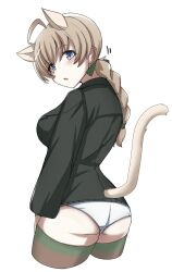  1girl animal_ears ass back black_jacket blue_eyes blush braid breasts brown_hair cat_ears cat_girl cat_tail commentary highres jacket large_breasts long_hair looking_at_viewer looking_back lynette_bishop military military_uniform no_pants open_mouth panties simple_background single_braid standing strike_witches tail tajantajanori thighhighs underwear white_background white_panties world_witches_series  rating:Sensitive score:6 user:danbooru